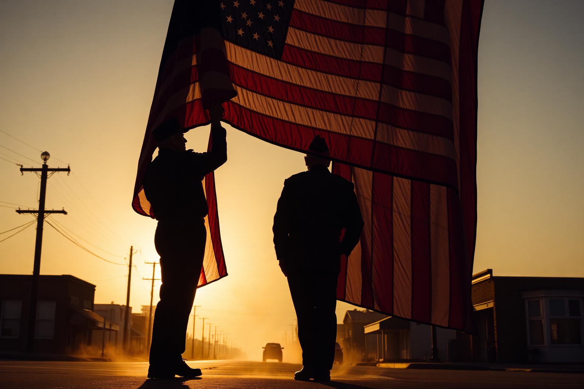 Two veterans raising an American flag at sunrise